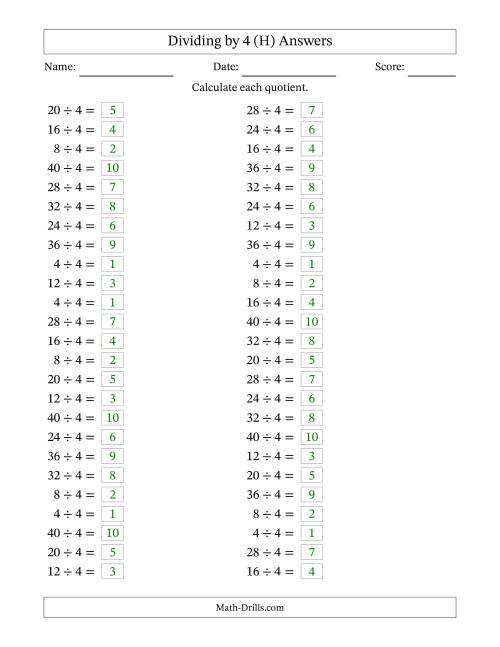 The Horizontally Arranged Dividing by 4 with Quotients 1 to 10 (50 Questions) (H) Math Worksheet Page 2