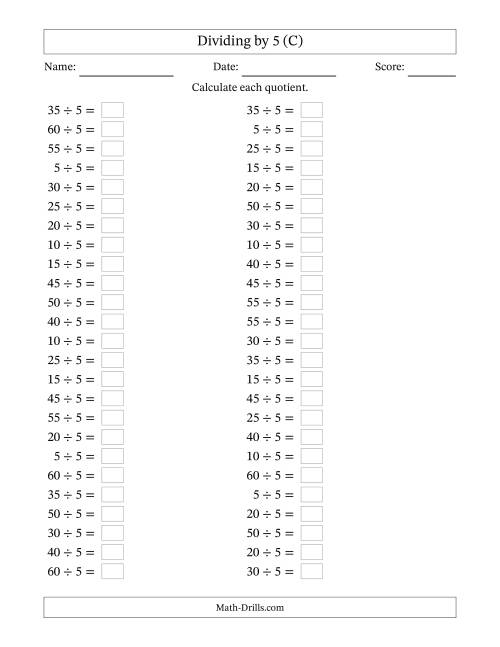 The Horizontally Arranged Dividing by 5 with Quotients 1 to 12 (50 Questions) (C) Math Worksheet
