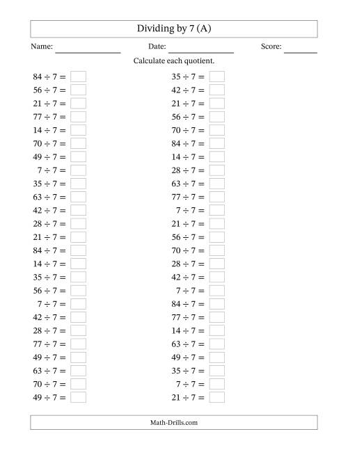 The Horizontally Arranged Dividing by 7 with Quotients 1 to 12 (50 Questions) (All) Math Worksheet