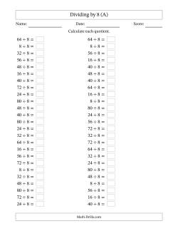 Horizontally Arranged Dividing by 8 with Quotients 1 to 10 (50 Questions)