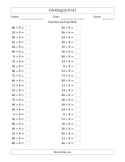 Horizontally Arranged Dividing by 8 with Quotients 1 to 12 (50 Questions)