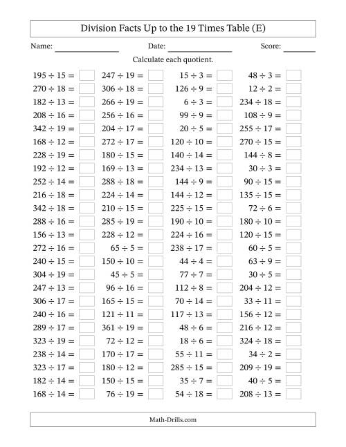 The Horizontally Arranged Division Facts Up to the 19 Times Table (100 Questions) (E) Math Worksheet