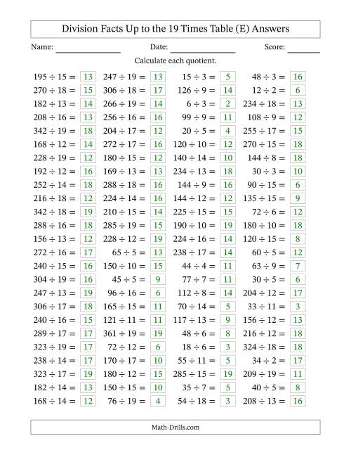 The Horizontally Arranged Division Facts Up to the 19 Times Table (100 Questions) (E) Math Worksheet Page 2