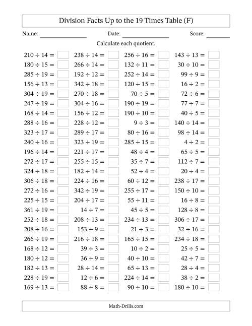 The Horizontally Arranged Division Facts Up to the 19 Times Table (100 Questions) (F) Math Worksheet