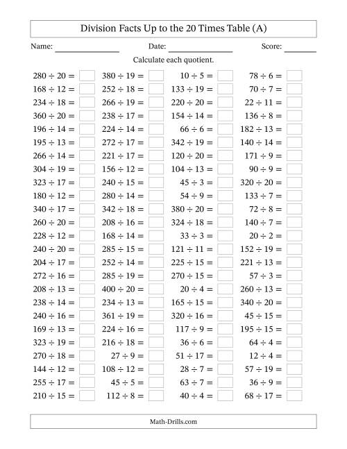 The Horizontally Arranged Division Facts Up to the 20 Times Table (100 Questions) (A) Math Worksheet