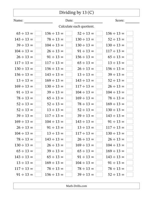 The Horizontally Arranged Dividing by 13 with Quotients 1 to 13 (100 Questions) (C) Math Worksheet