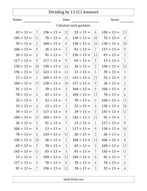 The Horizontally Arranged Dividing by 13 with Quotients 1 to 13 (100 Questions) (C) Math Worksheet Page 2