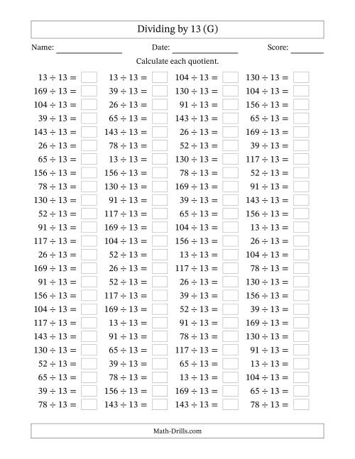 The Horizontally Arranged Dividing by 13 with Quotients 1 to 13 (100 Questions) (G) Math Worksheet