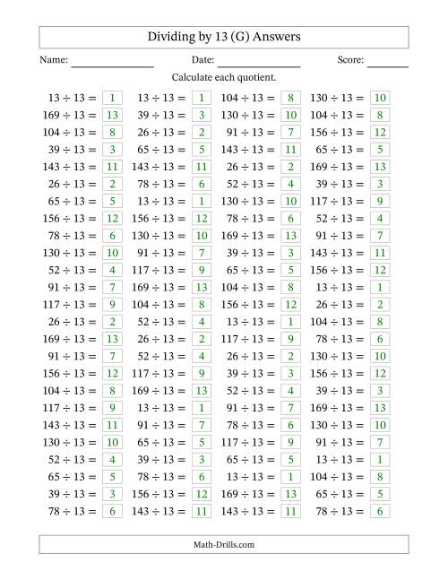 The Horizontally Arranged Dividing by 13 with Quotients 1 to 13 (100 Questions) (G) Math Worksheet Page 2