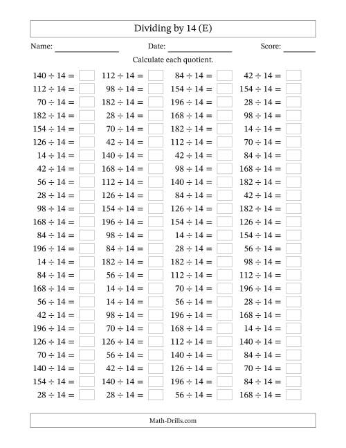 The Horizontally Arranged Dividing by 14 with Quotients 1 to 14 (100 Questions) (E) Math Worksheet