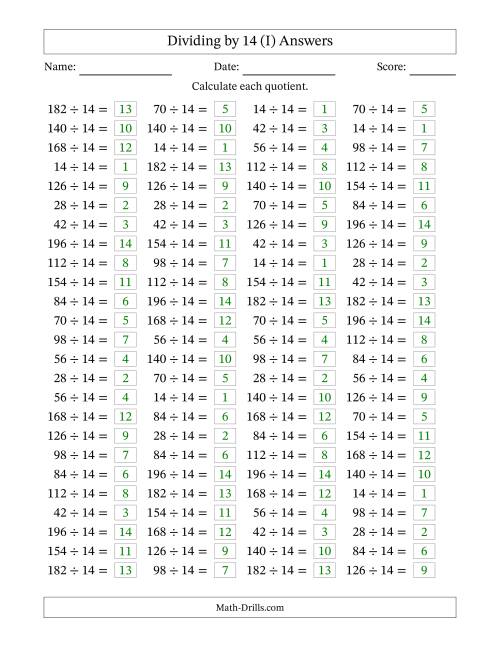 The Horizontally Arranged Dividing by 14 with Quotients 1 to 14 (100 Questions) (I) Math Worksheet Page 2