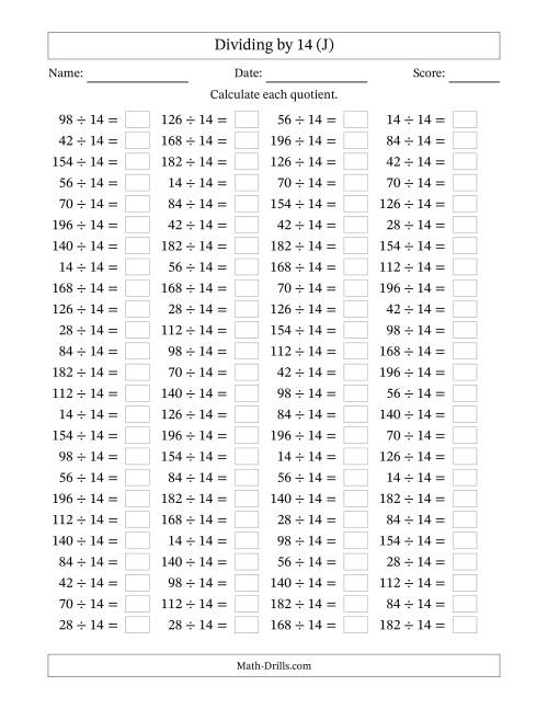 The Horizontally Arranged Dividing by 14 with Quotients 1 to 14 (100 Questions) (J) Math Worksheet