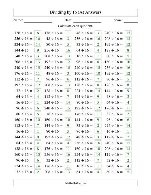 The Horizontally Arranged Dividing by 16 with Quotients 1 to 16 (100 Questions) (A) Math Worksheet Page 2