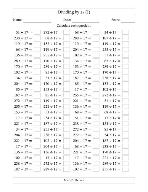The Horizontally Arranged Dividing by 17 with Quotients 1 to 17 (100 Questions) (I) Math Worksheet
