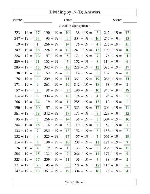 The Horizontally Arranged Dividing by 19 with Quotients 1 to 19 (100 Questions) (B) Math Worksheet Page 2