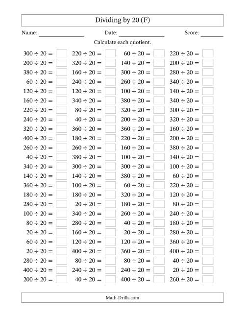 The Horizontally Arranged Dividing by 20 with Quotients 1 to 20 (100 Questions) (F) Math Worksheet