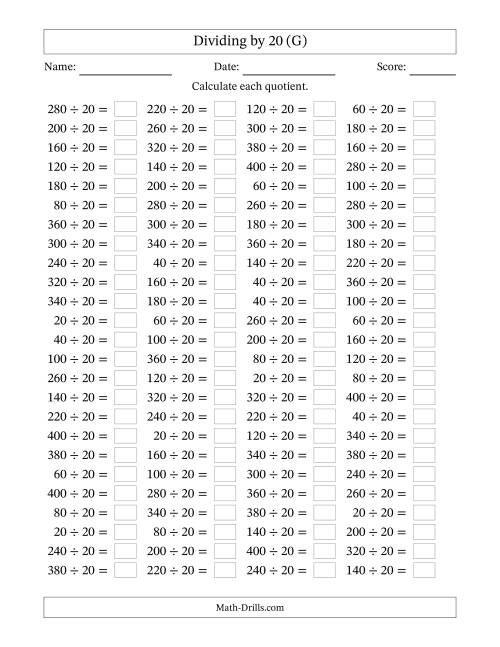 The Horizontally Arranged Dividing by 20 with Quotients 1 to 20 (100 Questions) (G) Math Worksheet