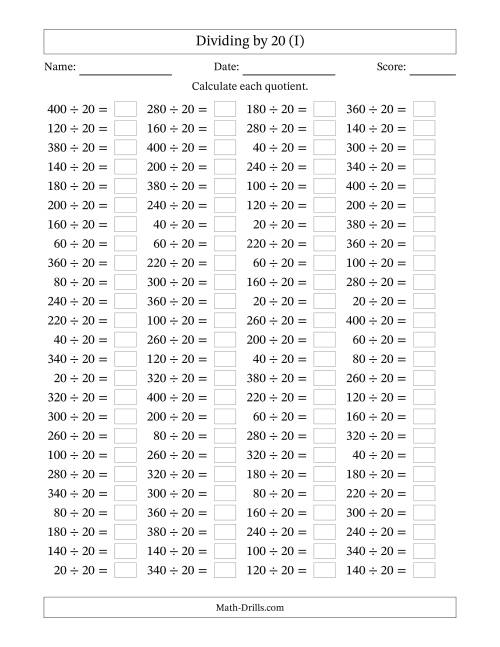 The Horizontally Arranged Dividing by 20 with Quotients 1 to 20 (100 Questions) (I) Math Worksheet