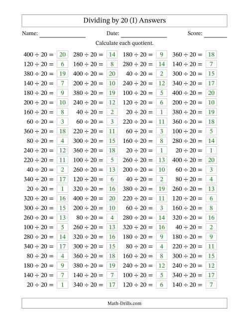 The Horizontally Arranged Dividing by 20 with Quotients 1 to 20 (100 Questions) (I) Math Worksheet Page 2