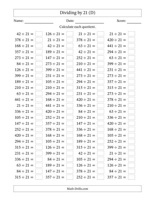The Horizontally Arranged Dividing by 21 with Quotients 1 to 21 (100 Questions) (D) Math Worksheet