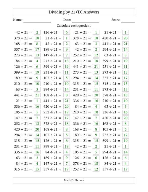 The Horizontally Arranged Dividing by 21 with Quotients 1 to 21 (100 Questions) (D) Math Worksheet Page 2