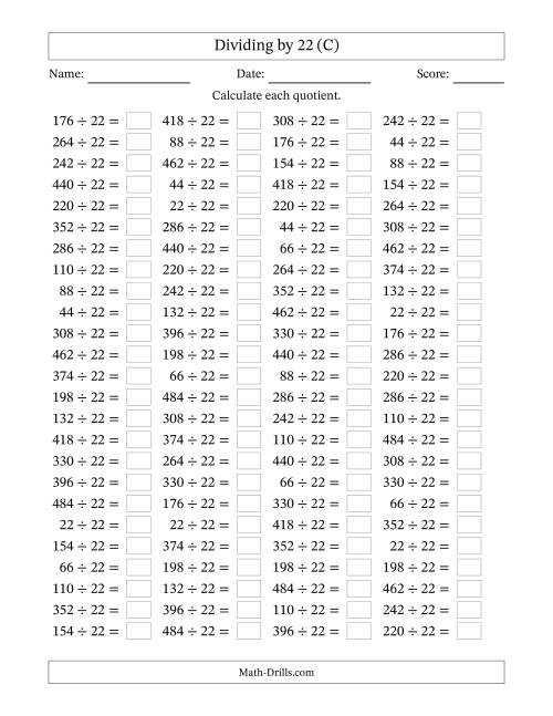 The Horizontally Arranged Dividing by 22 with Quotients 1 to 22 (100 Questions) (C) Math Worksheet