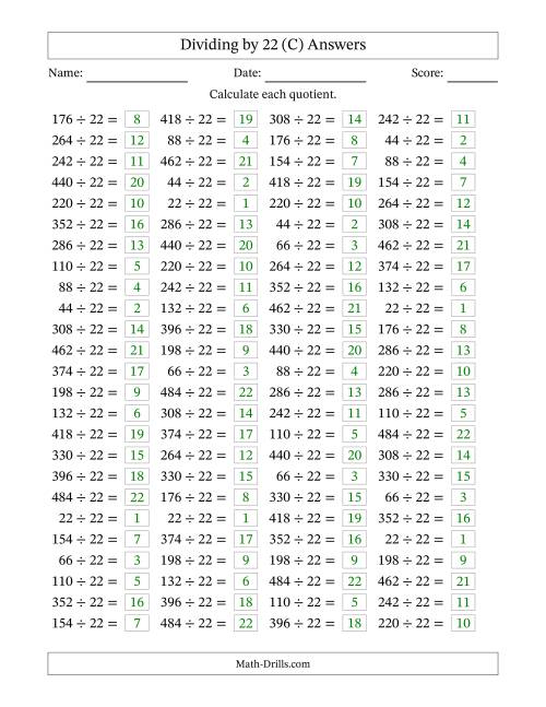 The Horizontally Arranged Dividing by 22 with Quotients 1 to 22 (100 Questions) (C) Math Worksheet Page 2