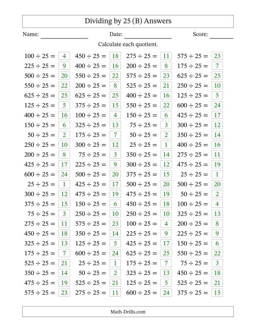 The Horizontally Arranged Dividing by 25 with Quotients 1 to 25 (100 Questions) (B) Math Worksheet Page 2