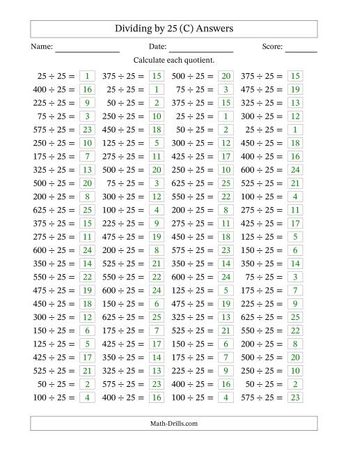The Horizontally Arranged Dividing by 25 with Quotients 1 to 25 (100 Questions) (C) Math Worksheet Page 2