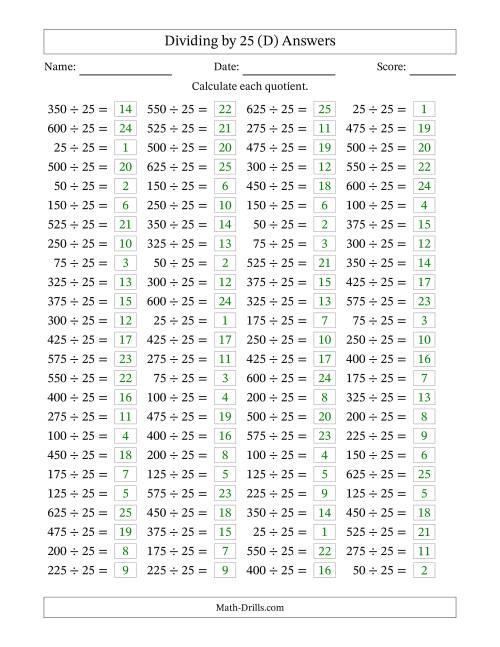 The Horizontally Arranged Dividing by 25 with Quotients 1 to 25 (100 Questions) (D) Math Worksheet Page 2