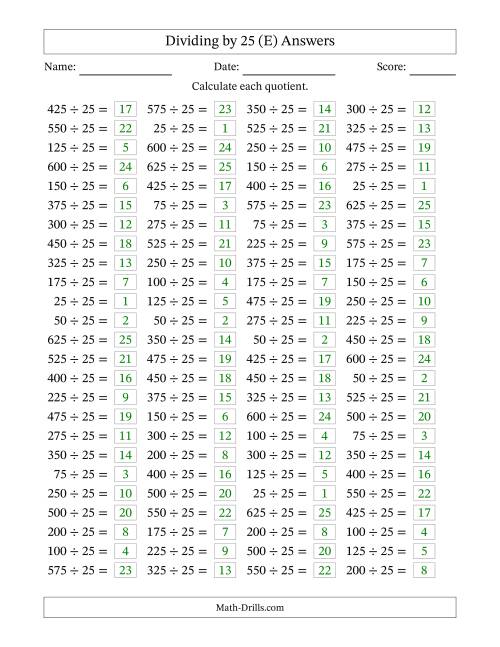 The Horizontally Arranged Dividing by 25 with Quotients 1 to 25 (100 Questions) (E) Math Worksheet Page 2
