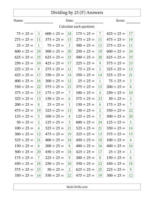 The Horizontally Arranged Dividing by 25 with Quotients 1 to 25 (100 Questions) (F) Math Worksheet Page 2