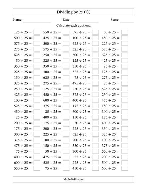 The Horizontally Arranged Dividing by 25 with Quotients 1 to 25 (100 Questions) (G) Math Worksheet