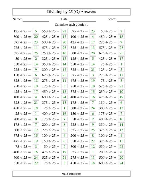 The Horizontally Arranged Dividing by 25 with Quotients 1 to 25 (100 Questions) (G) Math Worksheet Page 2