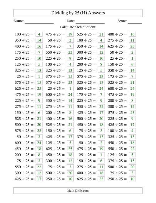 The Horizontally Arranged Dividing by 25 with Quotients 1 to 25 (100 Questions) (H) Math Worksheet Page 2