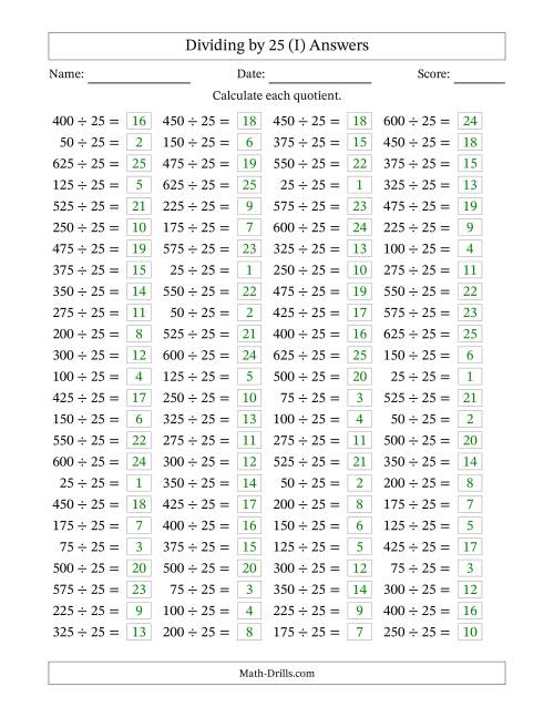 The Horizontally Arranged Dividing by 25 with Quotients 1 to 25 (100 Questions) (I) Math Worksheet Page 2