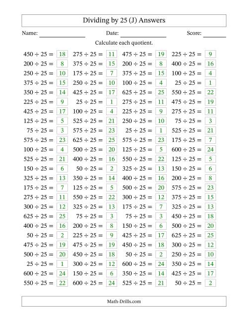 The Horizontally Arranged Dividing by 25 with Quotients 1 to 25 (100 Questions) (J) Math Worksheet Page 2