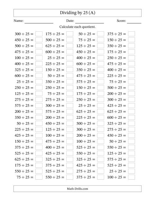 The Horizontally Arranged Dividing by 25 with Quotients 1 to 25 (100 Questions) (All) Math Worksheet