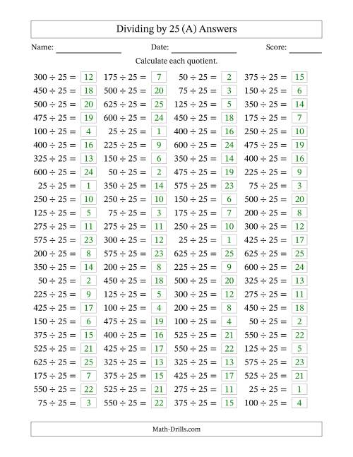 The Horizontally Arranged Dividing by 25 with Quotients 1 to 25 (100 Questions) (All) Math Worksheet Page 2