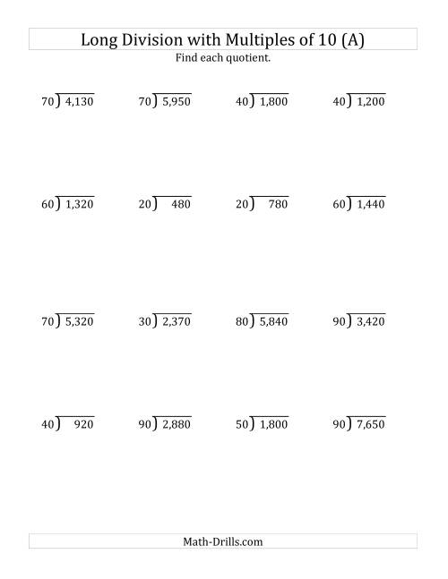 Long Division by Multiples of 10 with No Remainders (A)