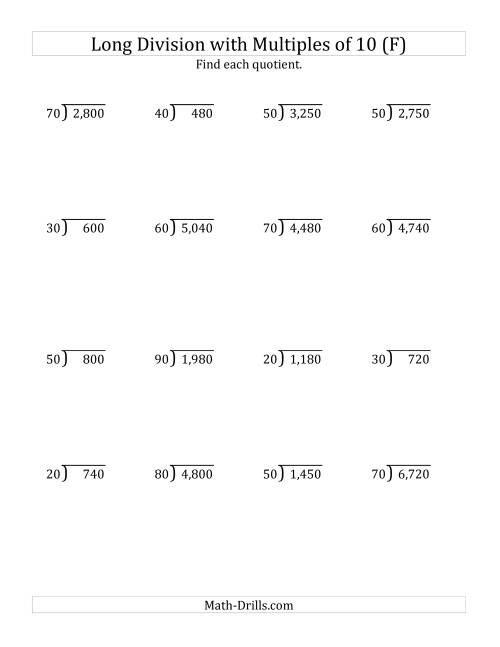 The Long Division by Multiples of 10 with No Remainders (F) Math Worksheet