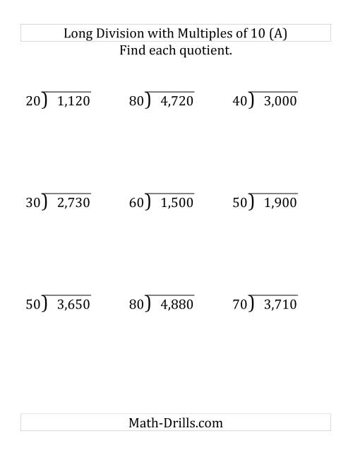 The Long Division by Multiples of 10 with No Remainders (Large Print) Math Worksheet
