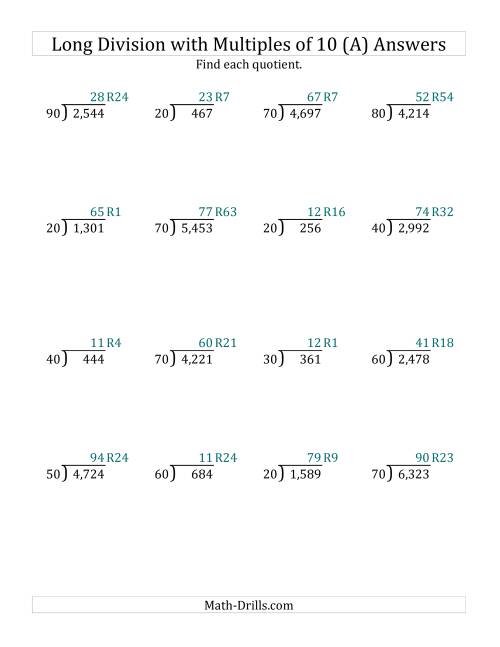 Long Division By Multiples Of 10 With Remainders A 