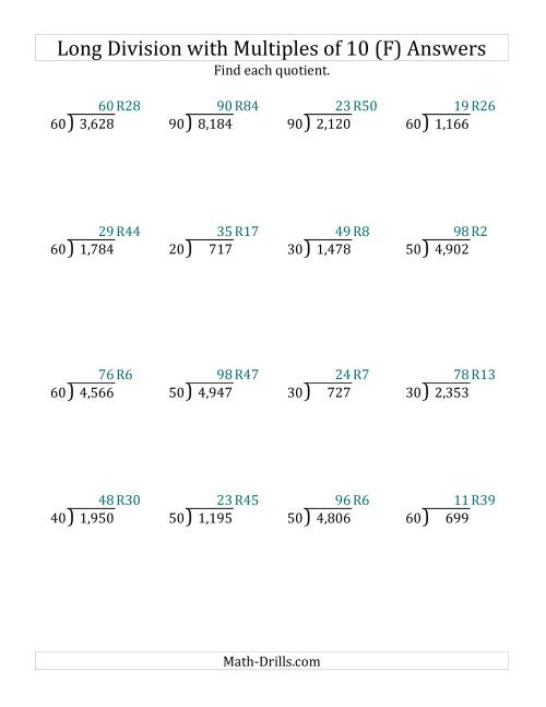 The Long Division by Multiples of 10 with Remainders (F) Math Worksheet Page 2