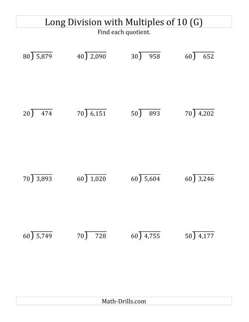 The Long Division by Multiples of 10 with Remainders (G) Math Worksheet