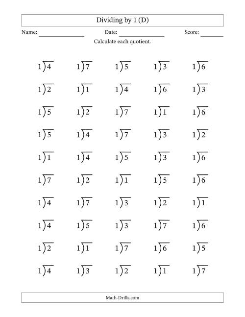 The Division Facts by a Fixed Divisor (1) and Quotients from 1 to 7 with Long Division Symbol/Bracket (50 questions) (D) Math Worksheet