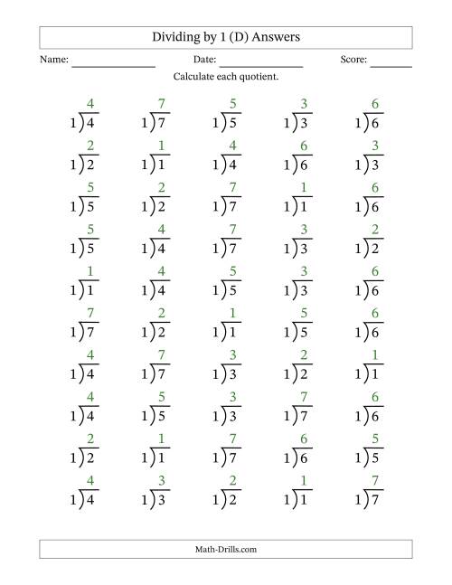 The Division Facts by a Fixed Divisor (1) and Quotients from 1 to 7 with Long Division Symbol/Bracket (50 questions) (D) Math Worksheet Page 2