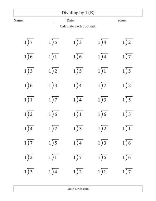 The Division Facts by a Fixed Divisor (1) and Quotients from 1 to 7 with Long Division Symbol/Bracket (50 questions) (E) Math Worksheet