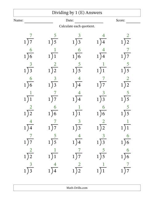 The Division Facts by a Fixed Divisor (1) and Quotients from 1 to 7 with Long Division Symbol/Bracket (50 questions) (E) Math Worksheet Page 2