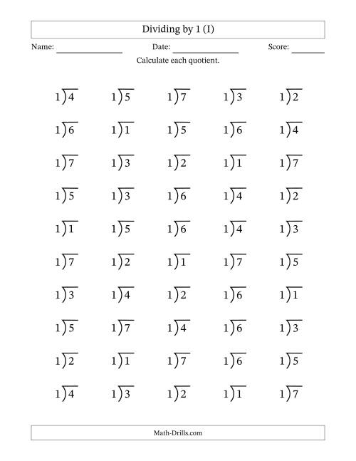 The Division Facts by a Fixed Divisor (1) and Quotients from 1 to 7 with Long Division Symbol/Bracket (50 questions) (I) Math Worksheet